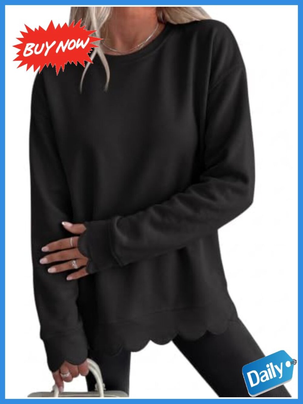 Oversized Scalloped Crewneck Sweatshirt Pullover Long Sleeve Casual Top